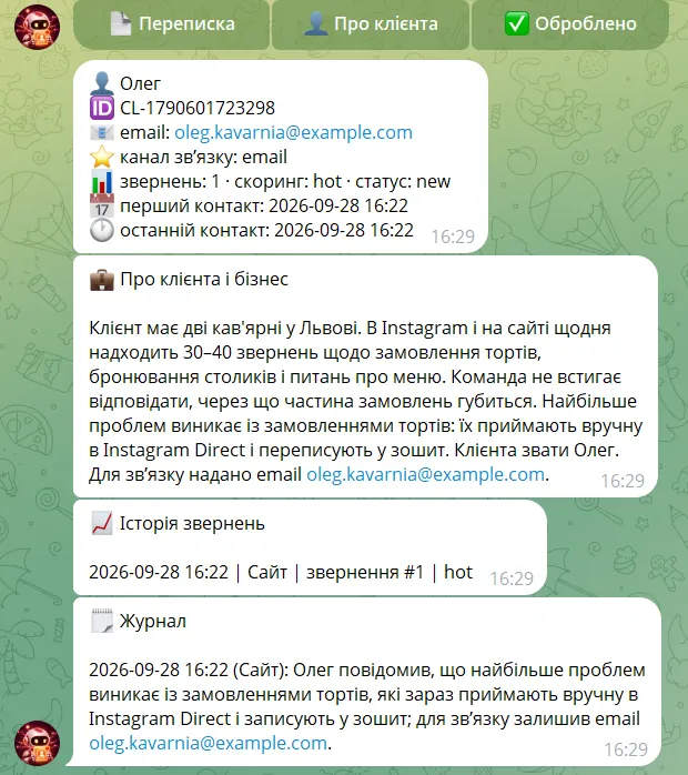 За кнопкою «Про клієнта» — картка, історія звернень і журнал
