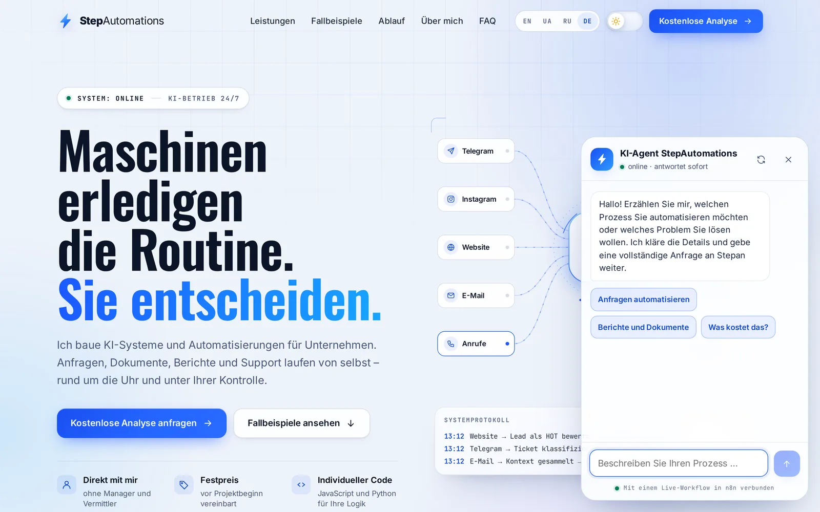 Der Chat auf dieser Seite: ein KI-Berater, verbunden mit Live-Workflows in n8n