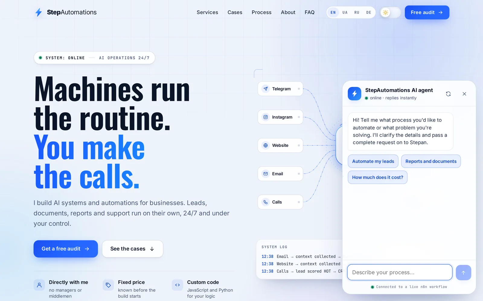The chat on this page: an AI consultant connected to live n8n workflows