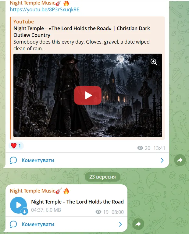Telegram: der Videolink am Veröffentlichungstag, die MP3 am nächsten Morgen